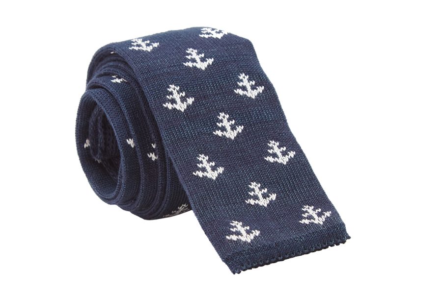 Πλεκτή γραβάτα μπλε με λευκές άγκυρες