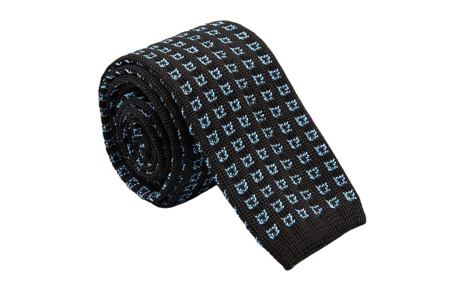 Πλεκτή γραβάτα καφέ με γαλάζια σχέδια