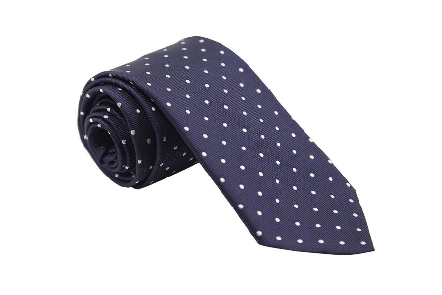 Γραβάτα μπλε σκούρο / λευκά πουά μετάξι 100%
