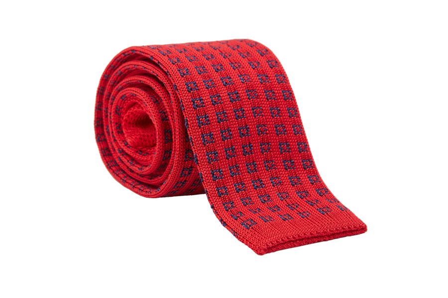 Γραβάτα πλεκτή κόκκινη με μπλε σχέδια, Μετάξι 100%