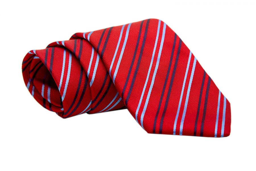 Γραβάτα κόκκινη με blue navy και σιέλ ρίγες, Μετάξι 100%