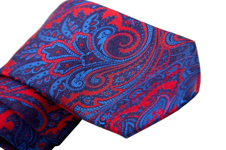 Γραβάτα κόκκινη με μπλε ηλεκτρίκ λαχούρι, Μετάξι 100%