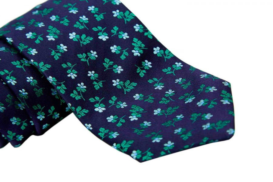 Γραβάτα μπλε σκούρο με πράσινο φλοράλ σχέδιο, Μετάξι 100%