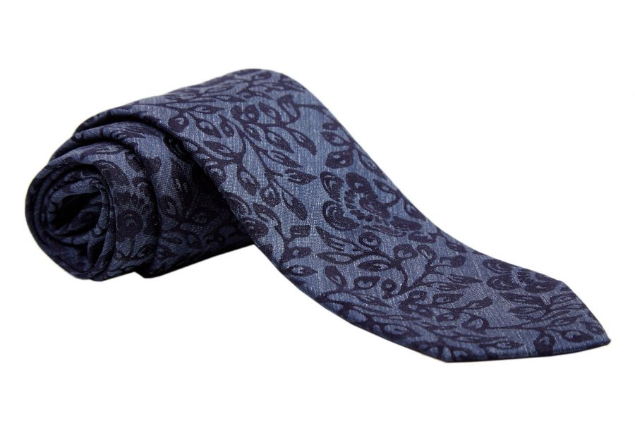 Γραβάτα μπλε σκούρο με μαύρο φλοράλ σχέδιο, Μετάξι 100%