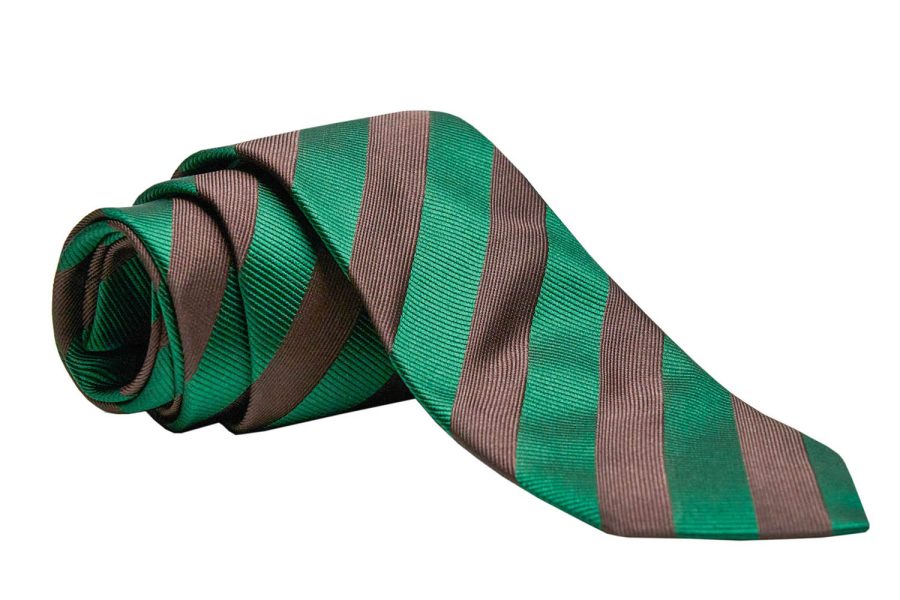 Γραβάτα πράσινη με καφέ ρίγες, Μετάξι 100%