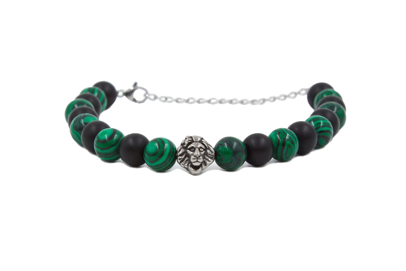 BRAC743 Βραχιόλι πράσινο με μαύρες χάντρες και λιονταράκι