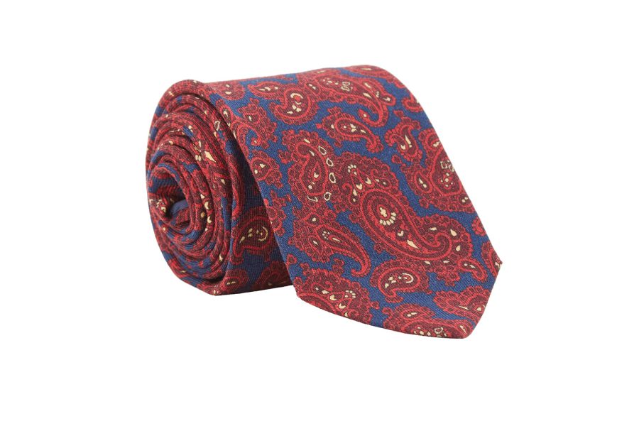 Γραβάτα μπλε με κόκκινα λαχούρια, Μαλλί 100%