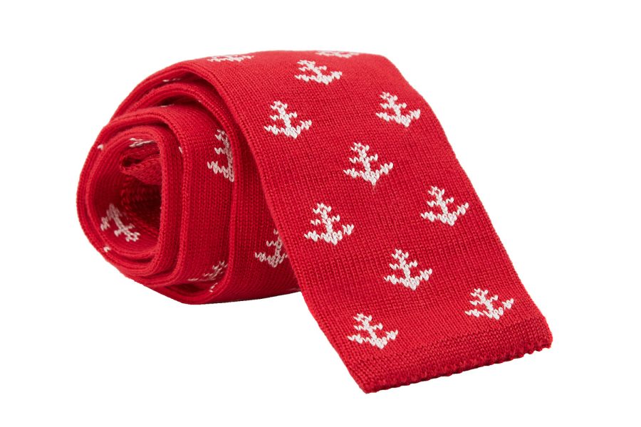 Πλεκτή γραβάτα κόκκινη με λευκές άγκυρες