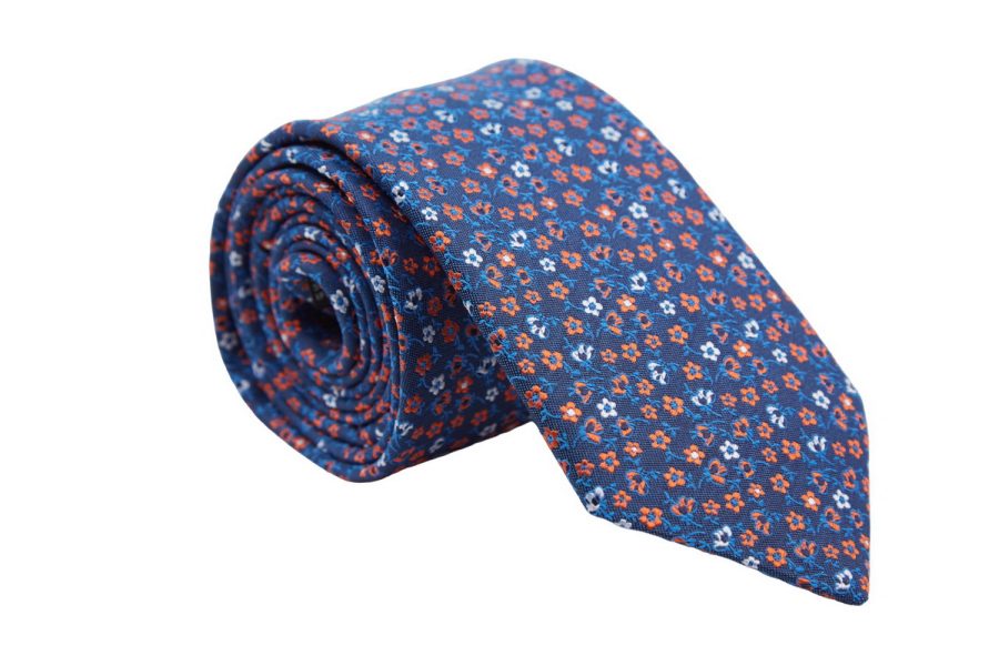 Γραβάτα μπλε με λουλούδια σε έντονο πορτοκαλί, Μετάξι 100%