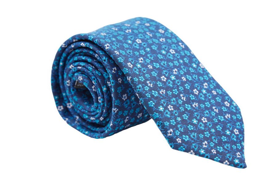 Γραβάτα μπλε με σιέλ λουλούδια, Μετάξι 100%