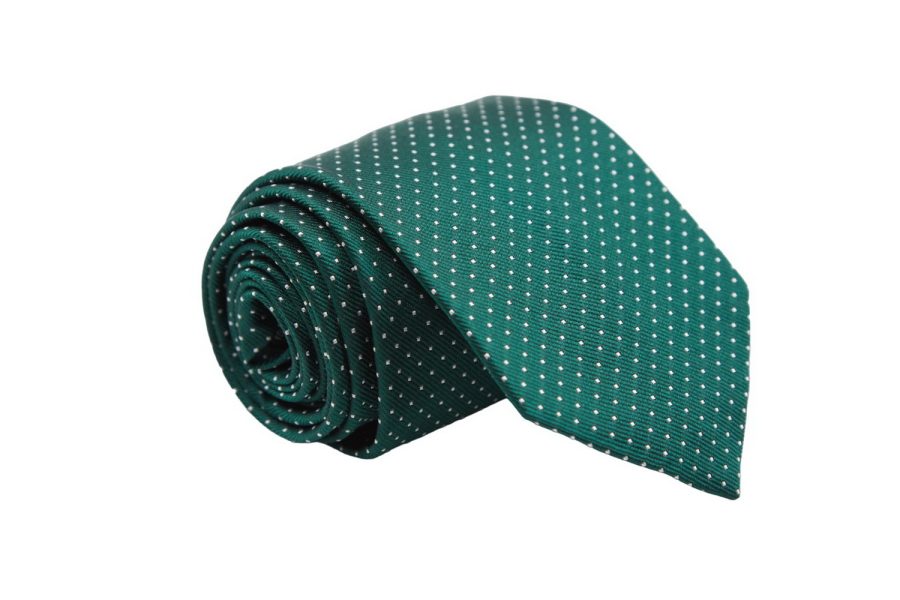 Γραβάτα πράσινη με λευκά μικρά πουά, Μετάξι 100%