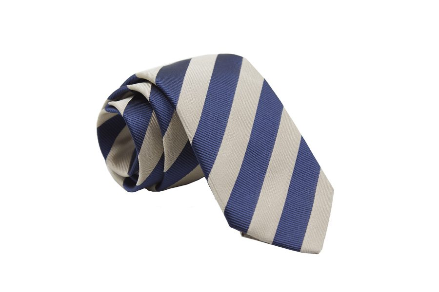 Γραβάτα μπλε με cream ρίγες, Μετάξι 100%