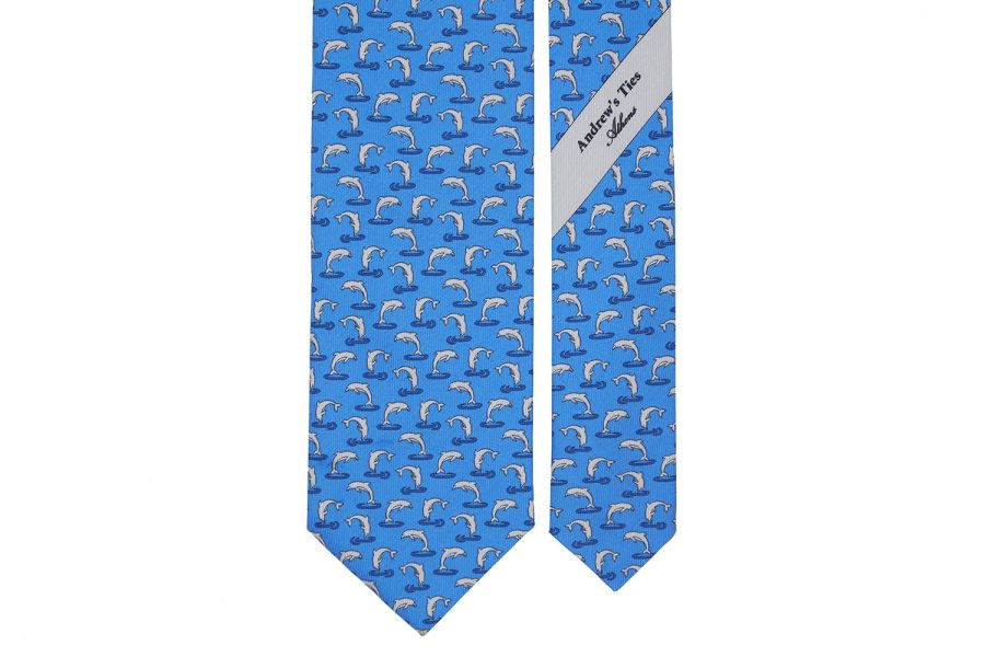 Μεταξωτή γραβάτα γαλάζια με δελφίνια
