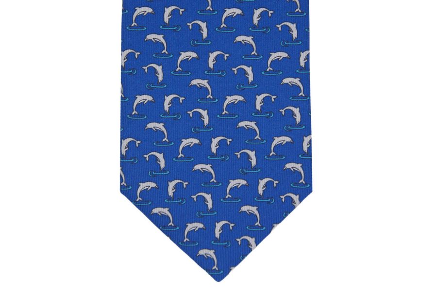 Μεταξωτή γραβάτα μπλε με δελφίνια