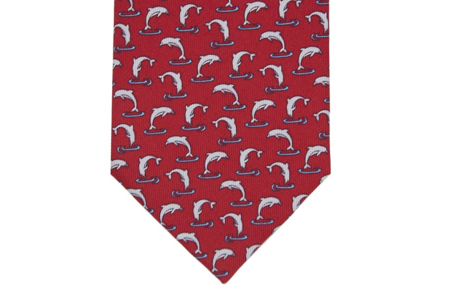 Μεταξωτή γραβάτα κόκκινη με δελφίνια