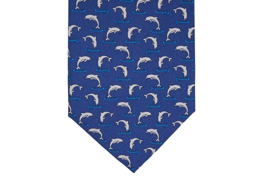 Μεταξωτή γραβάτα μπλε σκούρο με δελφίνια
