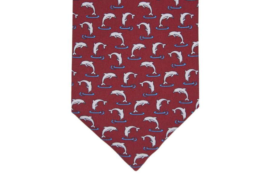 Μεταξωτή γραβάτα μπορντό με δελφίνια