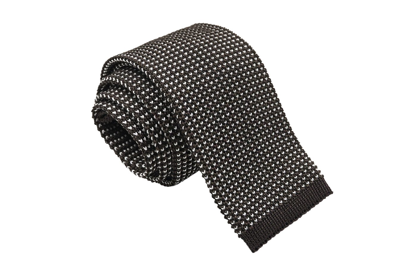 Πλεκτή γραβάτα καφέ / λευκά dots